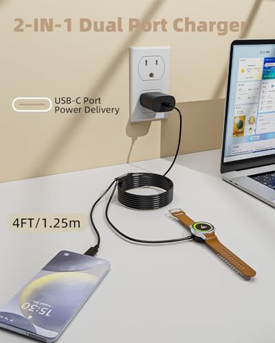 Revolutionary 25 W Dual-Function USB-C Fast Charger for Samsung Galaxy Watches & Latest i Phones – Streamlined 2-in-1 Charging Hub for Galaxy S20-S25 & i Phone 15/16 – 4 FT Versatile Cable for Optimal Positioning – Compact, Travel-Friendly Design for Everyday Efficiency and Convenience