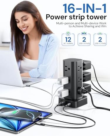 Ultimate Tower Power Strip Surge Protector – 12 AC Outlets & 4 High-Speed USB Ports (2 USB-C) with 6 FT Flexible Extension Cord – Versatile Charging Station for Home, Office, Dorm & Travel (Black) – Unmatched Safety & Space-Saving Design