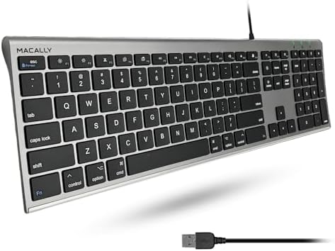 Transform Your Workspace with the Macally Slim USB Wired Keyboard – Perfect for Mac & Windows Users, Featuring 110 Scissor Switch Keys and Numeric Keypad for Ultimate Efficiency! Enjoy Seamless Typing with 20 Custom Shortcuts and Hassle-Free USB Plug-and-Play Setup – Ideal for Professionals and Everyday Tasks!