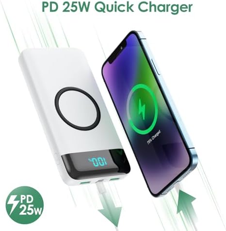 Ultra-High Capacity 30,800 m Ah Wireless Power Bank – 15 W Fast Charging & 25 W PD QC4.0 – Smart LED Display with 4 Outputs & 2 Inputs – Versatile USB-C External Battery Pack for i Phone, Samsung & More – Travel-Ready Charging Solution in Sleek White Finish