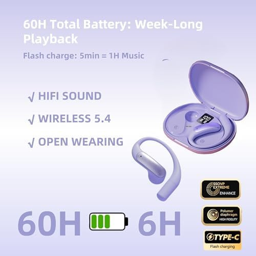 Elevate Your Active Lifestyle with Lightweight Purple Open Ear Bluetooth 5.3 Headphones for Women – Waterproof Sports Earbuds Featuring Smart Digital Display and Ergonomic Design for Ultimate Comfort During Running and Cycling Activities