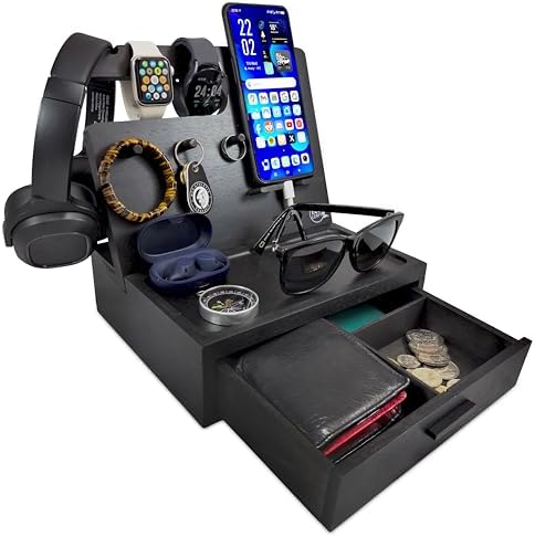 Nightstand Organizer- Rustic Bedside Organizer with Drawer for Cellphone, Watches, Headphone, Sunglasses, & Accessories- Makes an Ideal Gift for Dad or Son – Enhanced Compatibility and Speed