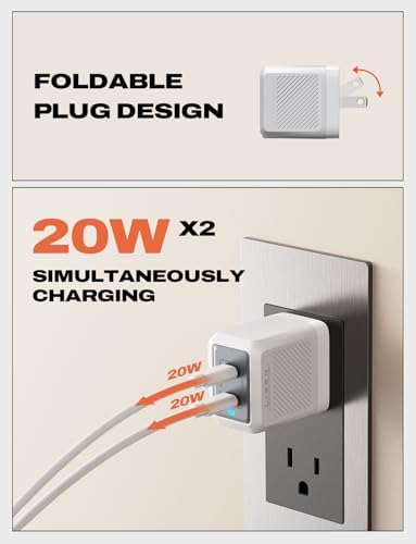 LISEN 40 W Dual Port USB C Charger Block – Compact Foldable Ga N Technology for Fast Charging i Phone 16/15/14/13/12 Pro Max & Samsung Galaxy S23/S22/S21 – Efficient Power Solution for Home, Office, and Travel – Sleek White Design