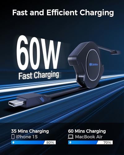 Retractable USB C Cable 2-Pack – 2.8 ft Fast Charging & Data Transfer Up to 60 W for i Phone 16/15 and Galaxy S24 – Compact, Tangle-Free Design with Seamless Compatibility for Apple Car Play & Android Auto