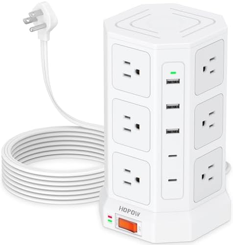 High-Capacity Surge Protector Power Tower with 12 AC Outlets & 5 USB Ports Including Dual USB-C – 6.5 FT Flat Extension Cord for Optimal Placement – 1875 W/15 A Performance and 1700 J Surge Protection for Home, Office, or Dorm Use