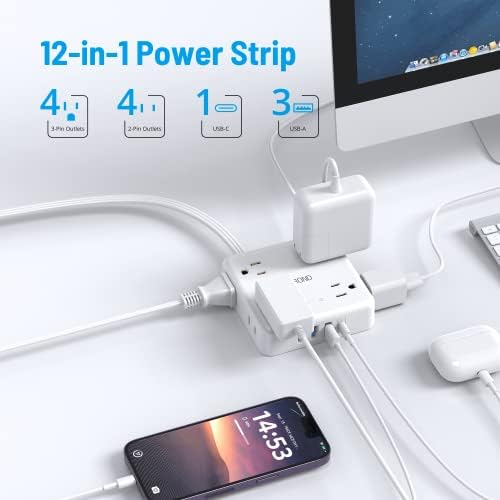 TROND 360° Rotating Plug Power Strip with 5 FT Flat Cord – 4 AC Outlets & 4 USB Ports (2 USB-C) – Wall Mount Surge Protector with 1440 Joules Safety Rating – Ultimate Travel & Home Charging Solution for Electronics and Devices