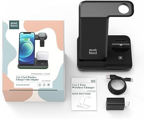 Minthouz 3-in-1 Fast Wireless Charging Station – 18 W Power Hub for i Phone 15/14/13/12/11, Air Pods & i Watch – Sleek, Space-Saving Design with QC3.0 Adapter for Effortless Charging Convenience and Style