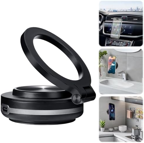 Magnetic Car Phone Mount with Electric Vacuum Suction – 360° Rotating Holder for i Phone & Android – Strong Grip for Secure Placement on Smooth Surfaces in Car, Kitchen, Gym & More – Sleek Silver Design for Enhanced Compatibility and Safety