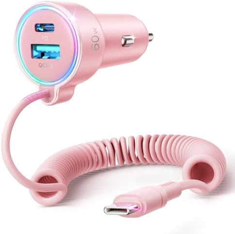 High-Speed USB C 72 W Car Charger for i Phone 16 Pro Max Plus & Multi-Device Compatibility – Rapid PD & QC3.0 Charging with 5 ft 36 W Type C Coiled Cable for Samsung Galaxy S24/S23/S22, Pixel, Moto, LG, and More – Ultimate Travel Accessory for Uninterrupted Power on the Go