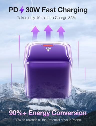 Ultra-Fast TORRAS Icenano 30 W USB-C Charger Block – PD 3.0 Compatible Wall Adapter with 5.5 ft Cable, Stylish Crystal Pink Design, Low-Temperature Operation for Safe Charging of i Phone 16/15 & Mag Safe – Perfect for Travel and Home Use