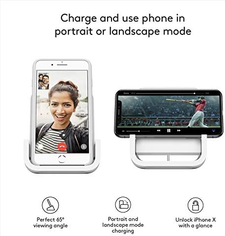 Logitech Powered Wireless Charging Stand for i Phone 8, 8 Plus, X, XS, XS Max, and XR – Fast 10 W Qi-Certified Charger with Adjustable Viewing Angles and Anti-Slip Design for Enhanced Safety and Convenience