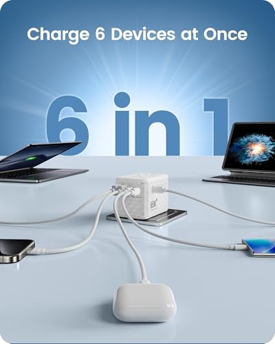 85 W Universal Travel Power Adapter with Retractable USB-C Cable – Optimal Fast Charging Hub for Global Use, Featuring 4 Ports for Seamless Connectivity in US, EU, UK & Beyond, Engineered for On-the-Go Professionals Seeking Efficiency and Versatility