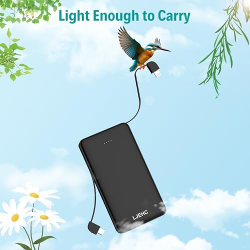 Ultra-Slim 10,000 m Ah Portable Power Bank with Integrated Charging Cables – Lightweight Multi-Device USB Type C Fast Charger for i Phone, Samsung, Android, and More – Ideal Travel Companion for Seamless Power on the Go