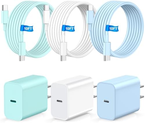 Power Up Your Devices with the Ultimate i Phone 16 Charger Set – 3-Pack 20 W Type C Charging Block & 10 FT USB C Cables (Compatible with i Phone 15/16 Pro/Max/Plus, i Pad Air/Pro & Samsung) – Fast Charging, Extended Reach, Stylish Colors (Green, Blue, White) for Enhanced Convenience and Performance