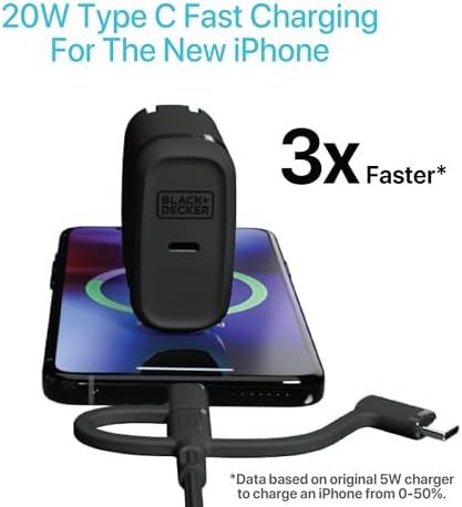 BLACK+DECKER Ga N PD 20 W USB-C Wall Charger – High-Efficiency Fast Charging Block for i Phone 16/15 & Universal USB-C Devices – Perfect for Home, Office, and On-the-Go with Advanced Safety Mechanisms