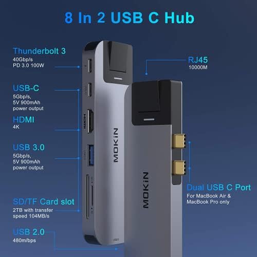 MOKi N USB C Multiport Adapter Hub for Mac Book Pro/Air – 4 K HDMI, Gigabit Ethernet, Dual USB Ports, TF/SD Card Reader, 100 W USB-C PD & Thunderbolt 3 – Ultimate Connectivity Solution for Professionals and On-the-Go Users