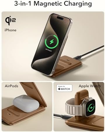 ESR Qi2 All-in-One 3-in-1 Charging Station for Apple Devices – Fast 15 W Mag Safe Charger, Certified Apple Watch & Air Pods Power Hub, Ideal Travel Companion for i Phone 16/15/14/13/12 Series, Sleek Black Design with Travel Bag Included – Maximizing Efficiency and Style