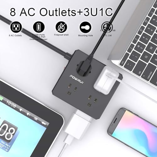 Maximize Your Power Management with a 6 Ft Surge Protector Power Strip – 8 Outlet Extension Cord Featuring 4 Fast USB Charging Ports (1 USB-C), Ideal for Home Office Convenience and Safety, ETL Listed for Enhanced Surge Protection and Compatibility