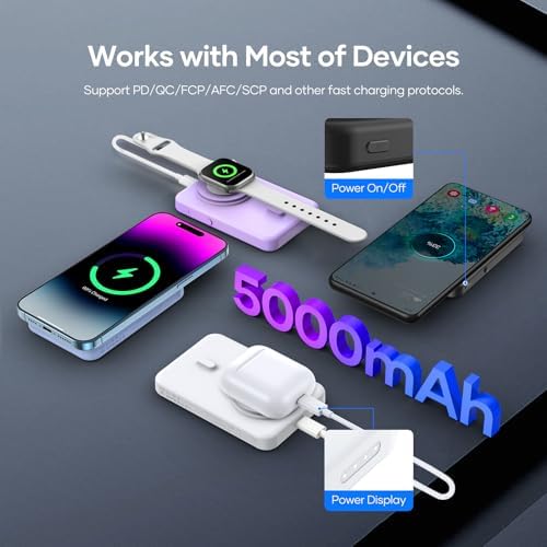 Ultra-Slim Wireless Power Bank with Suction Cup for i Phone & Android – 5000 m Ah Portable Charger with 22.5 W USB-C PD Fast Charging – Effortless On-the-Go Charging in Sleek White Finish – Perfect for Busy Lifestyles and Travel