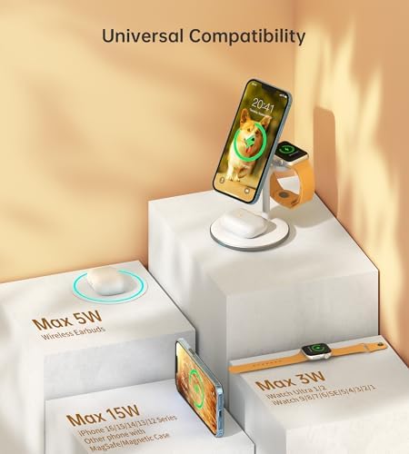 Sleek Yellow Wood Grain 3-in-1 Wireless Charging Station for Apple Devices – Fast 15 W Mag-Safe Charger with QC 3.0 Adapter for i Phone 16/15/14/13/12, Apple Watch Ultra/S9/8, and Air Pods – Elevate Your Workspace with Ultimate Compatibility and Modern Aesthetics, Perfect for Streamlined Charging Solutions