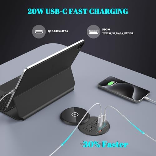 Recessed 20 W USB-C Power Grommet with 15 W Wireless Charger – Sleek Desk Power Strip Featuring 2 AC Outlets, 18 W USB-A Port, and 6 FT Cord for Ultimate Convenience in Home and Office Environments – Ideal for Efficient Charging and Enhanced Productivity