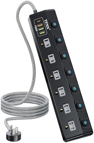Ultimate Wall-Mounted Power Strip with USB Ports: 5 FT Extension Cord Featuring 6 Individually Switchable Outlets, 4 USB Charging Ports (1 USB-C PD 20 W & 3 USB-A QC 20 W), 70 W Total Capacity, Overload Protection for Enhanced Safety and Versatility