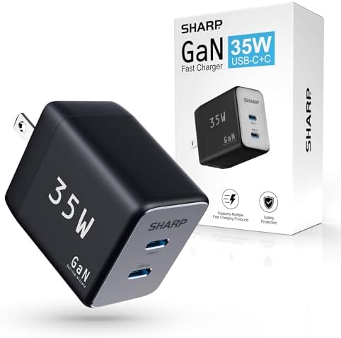 Optimize Your Charging Routine with the Sharp 35 W Dual USB-C Charger – Compact Ga N Fast Charging Adapter for i Phone 15, i Pad Pro, and More – Foldable, Portable Design for Effortless Charging Anywhere – Versatile Compatibility for All Your Essential Devices
