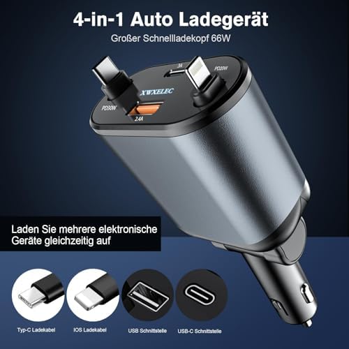 Ultimate 4 in 1 Retractable Car Charger – 80 W Dual Port Fast Charging Adapter with Type-C & USB-i Cable for i Phone 16/15/14/13/12/11, i Pad, Galaxy & Google Devices – Compact & Versatile Travel Solution for Effortless Power on the Go