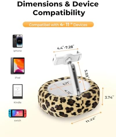 Leopard Print Kindle Pillow Stand – Plush Multi-Functional Tablet Holder with Integrated Snack & Cup Holders for Ultimate Hands-Free Comfort at Home – Compatible with Kindle, i Pad, and Smartphones – Perfect Cozy Reading Accessory for Bed & Couch Relaxation