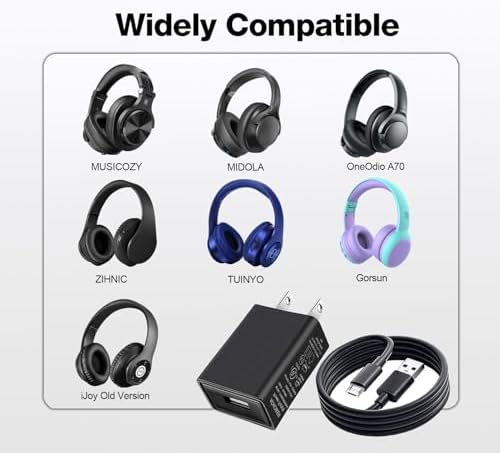 USB Mirco Headphones Charger Replacement for ZIHNIC, Soundcore Life Q20, iJoy Old Version, MUSICOZY, TUINYO, OneOdio A70, A11, MIDOLA, Gorsun Wireless Bluetooth Headphones Charging Cable Cord（Black） – Enhanced Compatibility and Speed