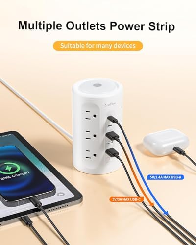 Smart Power Strip Tower with Integrated Night Light & Surge Protection – 10 FT Extension Cord Featuring 12 AC Outlets, 3 USB-A and 2 USB-C Ports for Home Office & Dorm Room Convenience – Sleek Black Design for Enhanced Versatility and Clutter-Free Organization