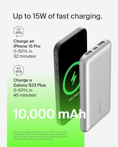 Belkin 10,000 m Ah Portable Charger – Fast Charging USB C Power Bank with Dual USB-A Ports for Multiple Devices, Includes Type-C to Type-A Cable, Compatible with i Phone 16, Samsung Galaxy S25, Nintendo Switch 2, i Pad & More – Lightweight Blue Design for Effortless Portability and Enhanced Power Delivery