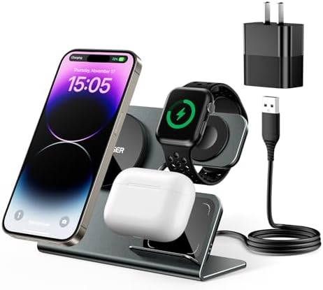 Revolutionize Your Charging Routine with the Ultimate 3-in-1 Aluminum Alloy Magnetic Wireless Charging Station – Seamlessly Compatible with i Phone 16/15/14/13/12 Series, Air Pods Pro/4/3/2, and i Watch – Experience 15 W Fast Charging Efficiency with Included 20 W Adapter – Stylish and Space-Saving Design for Office and Bedroom Use – Premium Durability Ensured by High-Quality Aluminum Construction – Magnetic Alignment for Effortless Charging – Declutter Your Space and Keep Your Devices Ready to Go with This All-in-One Charging Solution!