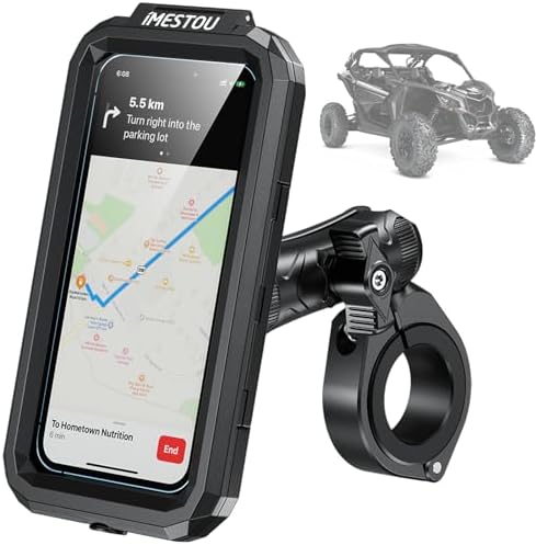 i MESTOU All-Weather ATV Phone Mount with Heavy-Duty Aluminum Clamp – Securely Fits 1.5” to 2.1” Handlebars for 5.5″-6.8″ Smartphones – Essential Navigation and Communication Tool for ATV & UTV Riders – Waterproof, Durable, and Stable Design for Outdoor Adventures