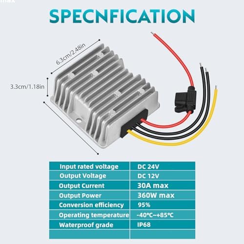 High-Performance Waterproof 30 A DC Buck Converter – Reliable 24 V to 12 V Voltage Regulator with Integrated Fuse for Safe Power Management in Automotive and LED Applications