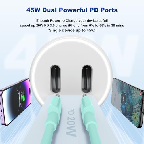 Dual-Port 45 W USB C Car Charger Adapter for Apple Devices – MFi Certified Fast Charger with 3 ft Lightning Cable (Pack of 2) – Rapid Charging for i Phone 14/13/12/11 Pro Max, i Pad, and Air Pods – Durable & Portable Power Solution for On-the-Go Lifestyle