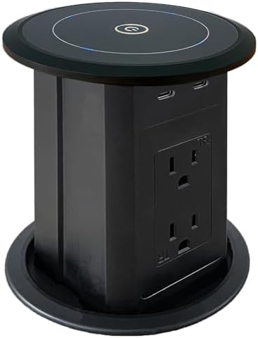 ZESHAN Sleek Pop-Up Power Outlet with 15 W Wireless Charging Station – Dual US Outlets, USB A & USB C PD Fast Charging Ports for Effortless Connectivity at Home or Office – Ideal for Conference Tables and Kitchen Counters, Modern Black Finish