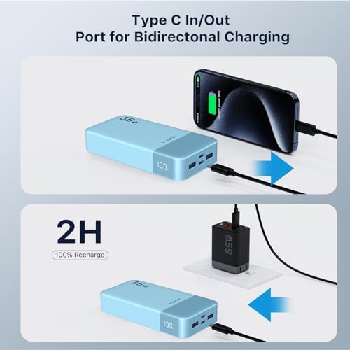 High-Speed 35 W USB-C Portable Charger – 20,000 m Ah Power Bank with QC4.0 & PD3.0 for Rapid Charging of Mobile Phones, Tablets, & Bluetooth Devices – Ultimate Compatibility & Convenience in Sleek Blue Design