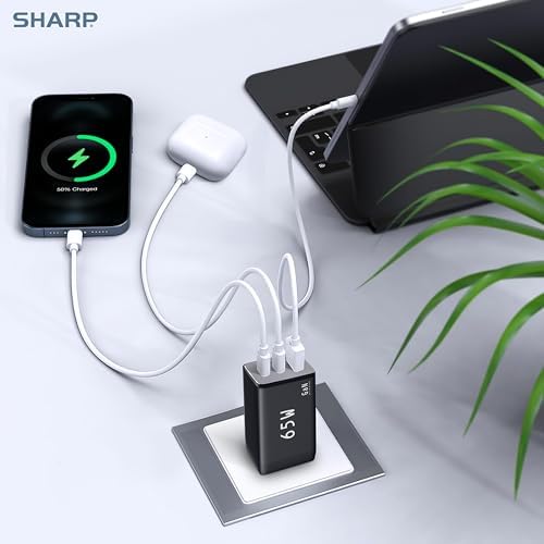 Revolutionize Your Charging Routine with the Sharp 65 W USB-C Multi-Port Wall Charger – Cutting-Edge Ga N Technology Powers Mac Book Pro, i Pad Pro, Galaxy S23, Dell XPS 13, i Phone 15 & More – Three-Port Design for Simultaneous Fast Charging – Compact, Foldable, and Travel-Friendly Solution for Tech Enthusiasts – Ultimate Compatibility for All Your Devices