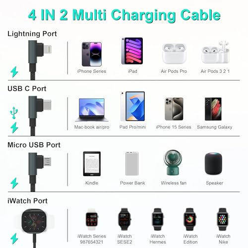Maximize Device Efficiency with the 10 FT 4-in-2 Multi Charging Cable: Unmatched USB C & Lightning Compatibility for i Phone 15/14, Galaxy S23, and Apple Watch – Experience 100 W Fast Charging with Innovative 90-Degree Connector for Effortless Connectivity Across All Your Gadgets