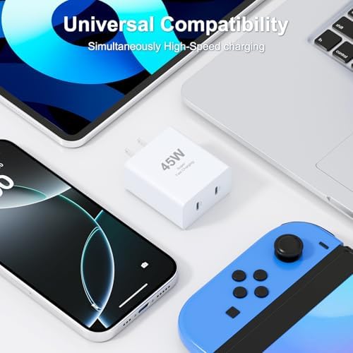 45 W Dual USB-C Fast Charger with 10 FT Cable for i Phone 16 & Galaxy S25 – Rapid Charging Solution for i Pad Pro/Air, Compact & Portable Power Block, Enhanced Device Compatibility