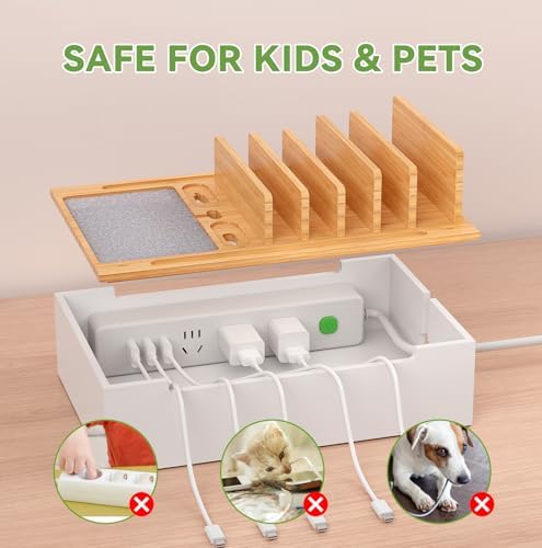 Pezin & Hulin Eco-Friendly Bamboo Charging Station – 10-Port USB Dock Organizer with 6 Cables, Enhanced Power Supply & Cable Management for Multi-Device Charging, Sleek Natural and Black Design for Homes and Offices