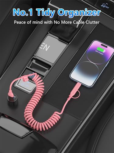 Versatile 4-in-1 Coiled USB C and Lightning Cable for i Phone 15 and 16 – 3 FT Fast Charging Car Charger Cord with 60 W Power Output, Stylish Pink Design, Compatible with Car Play and Android Auto for Ultimate Convenience and Enhanced Connectivity