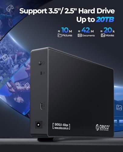 ORICO USB 3.0 External Hard Drive Enclosure for 3.5/2.5 Inch SATA Drives – Effortless Tool-Free Setup, 20 TB Capacity, UASP Acceleration for Superior Data Transfer Speeds, and Reliable 12 V/2 A Power Supply – Ideal Solution for Expanding Storage and Secure Data Transfers