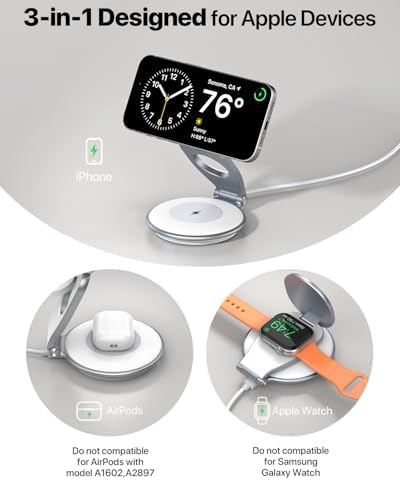 Ultimate 3-in-1 EXW Travel Charging Station for Apple Devices – Magnetic Foldable Wireless Charger for i Phone 16-12 Series, Apple Watch, and Air Pods with 30 W Fast Charger – Sleek Design for Enhanced Portability and Efficiency