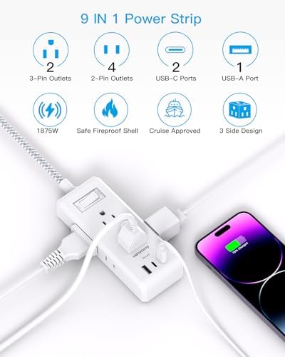 HANYCONY Travel Power Strip with 6 Outlets & 3 USB Ports – 5 ft Flat Plug Extension Cord for Cruise Ships & College Dorms – Space-Saving Wall Mount Design for Ultimate Convenience & Fast Charging Efficiency