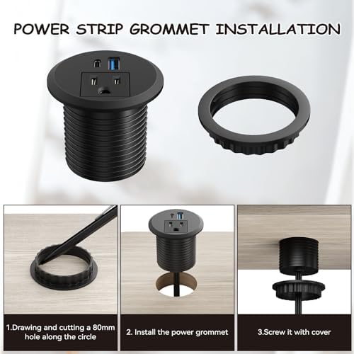 XBA 2-Inch Recessed Desktop Power Grommet with PD 20 W USB-C and 18 W USB-A Ports – Streamlined Hidden Power Outlet with 6 FT Extension Cord for Efficient Charging in Home Offices and Conference Rooms – Elevate Your Workspace Organization and Productivity