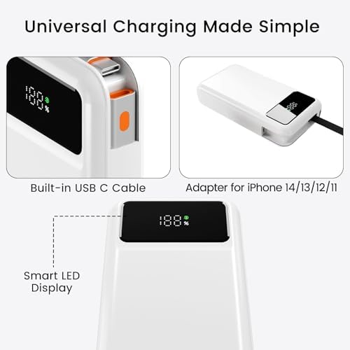 LUCKYDUO 10000 m Ah Power Bank with Retractable 2.3 ft Charging Cable – Ultra-Compact Fast Charging USB-C Battery Pack for i Phone 16/15/Pro & Samsung – LED Display for Travel-Friendly Power Solution and Universal Device Compatibility