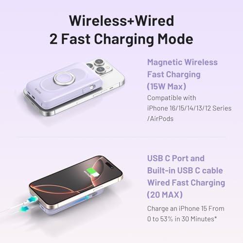 Magnetic Wireless Power Bank for Apple Devices – BLAVOR 10,000 m Ah Portable Charger with Built-in Cables and 20 W Fast Charging, Seamless Compatibility for i Phone 16/15/14/13/12 and Apple Watch, Integrated Stand for Hands-Free Use, Sleek White Design – Ultimate Convenience for On-the-Go Charging