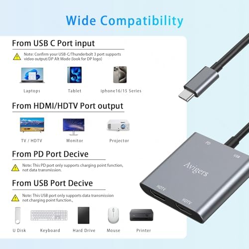 Elevate Your Setup with the Avigers USB C to Dual HDMI Adapter – 4 in 1 Multi-Display Hub for Seamless 4 K Productivity and Gaming, Features 2 HDMI Outputs, PD Charging Port, and USB 3.0 for Lightning-Fast Data Transfer – Lightweight, Portable Design for On-the-Go Professionals and Gamers